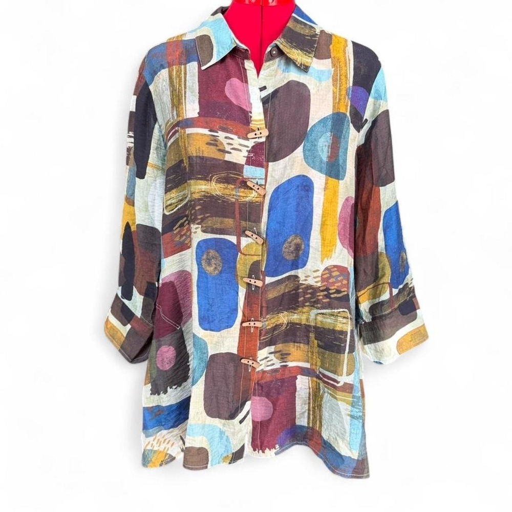 Ali Miles Art To Wear Multicolor Abstract Button Up Jacket Shirt Petite XL‎